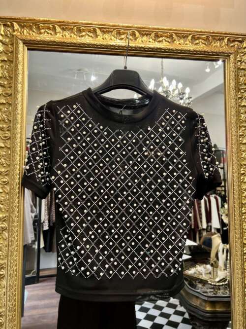 Maglia in Tulle con Perle e Strass