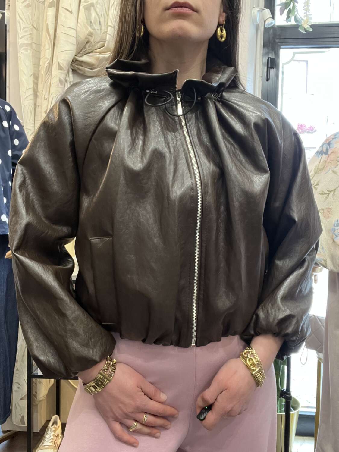 Bomber in ecopelle collo riccio Marrone