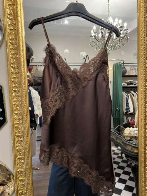 Top in satin asimmetrico pizzo Marrone